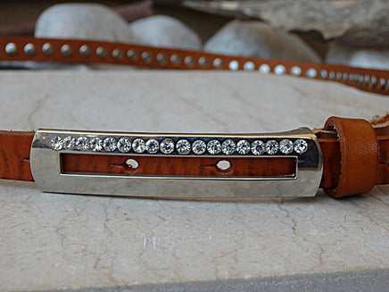 Skinny brown leather belt. Rebeka studded belt. Thin leather belt. Rhinestone Belt. Women's narrow leather belt. Rectangle silver buckle