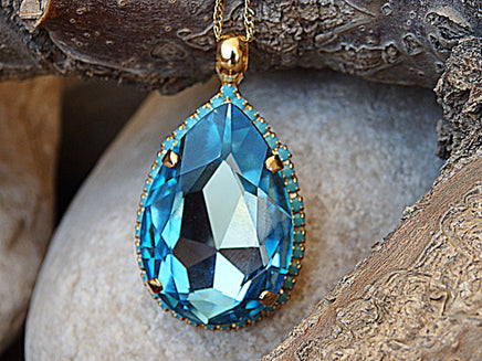 Turquoise and Blue Teardrop Necklace, Aquamarine Rebeka Teardrop Necklace, Rebeka Drop Shaped Necklace, Light Blue Crystal Necklace
