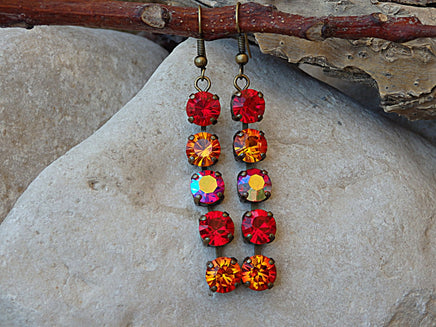 Multi colors Rebeka earrings. Red orange earrings. Antique brass fire earrings. Pave earrings. Rebeka Crystal fancy bar stone earrings