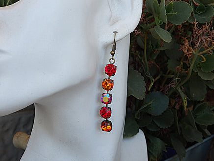 Multi colors Rebeka earrings. Red orange earrings. Antique brass fire earrings. Pave earrings. Rebeka Crystal fancy bar stone earrings