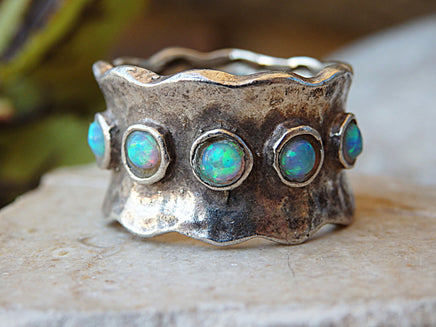 5 Stones ring. Birthstone Ring, Mother's Ring, Sterling Silver Ring. Family Ring. October Birthstone Ring, Blue Opal Ring.5 year anniversary