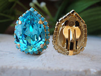 Rhinestone clip on earring.Clip on stud. Turquoise  earrings. Teardrop earrings. Women clip ons earrings. Teal earrings. Blue studs