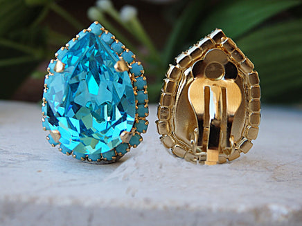 Rhinestone clip on earring.Clip on stud. Turquoise  earrings. Teardrop earrings. Women clip ons earrings. Teal earrings. Blue studs