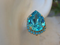 Rhinestone clip on earring.Clip on stud. Turquoise  earrings. Teardrop earrings. Women clip ons earrings. Teal earrings. Blue studs