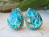 Rhinestone clip on earring.Clip on stud. Turquoise  earrings. Teardrop earrings. Women clip ons earrings. Teal earrings. Blue studs