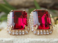 Ruby earrings. Red stud earrings. Big stud earrings. Rhinestone stud earrings. Ruby crystal  earrings. Estate jewelry, Women gift