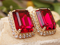 Ruby earrings. Red stud earrings. Big stud earrings. Rhinestone stud earrings. Ruby crystal  earrings. Estate jewelry, Women gift