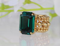 EMERALD CRYSTAL RING, Art Deco Ring, Rebeka Ring For Woman, One Stone Ring, Green Gold Plated Ring, Chunky Ring,Balls Unique Evening Ring