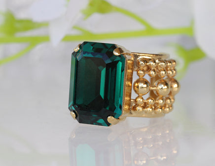 EMERALD CRYSTAL RING, Art Deco Ring, Rebeka Ring For Woman, One Stone Ring, Green Gold Plated Ring, Chunky Ring,Balls Unique Evening Ring