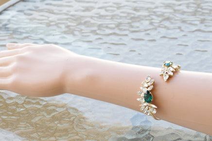 EMERALD WEDDING BRACELET, Bridal Bridesmaid, Extra Large Bracelet ,Crystal Rebeka Bracelet, Cluster Bracelet, Green Jewelry,Leaf Bracelet