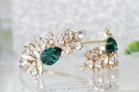 EMERALD WEDDING BRACELET, Bridal Bridesmaid, Extra Large Bracelet ,Crystal Rebeka Bracelet, Cluster Bracelet, Green Jewelry,Leaf Bracelet