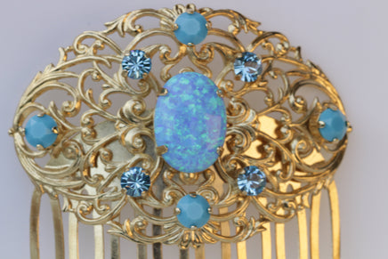 BLUE OPAL HAIR Comb, Bridal Hair Comb, Rhinestone Hair Comb, Lab Opal Accessories ,Turquoise Rebeka ,Wedding Hair Piece,Vintage Hair Comb