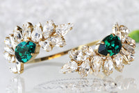 EMERALD WEDDING BRACELET, Bridal Bridesmaid, Extra Large Bracelet ,Crystal Rebeka Bracelet, Cluster Bracelet, Green Jewelry,Leaf Bracelet