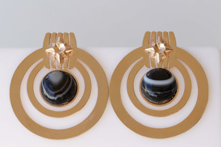 Rose Gold HOOP EARRINGS, Gift For Her, Agate Earrings, Black White Earrings,Natural Agate Stone Earring, Big Hoop Earrings, Dominant Jewelry