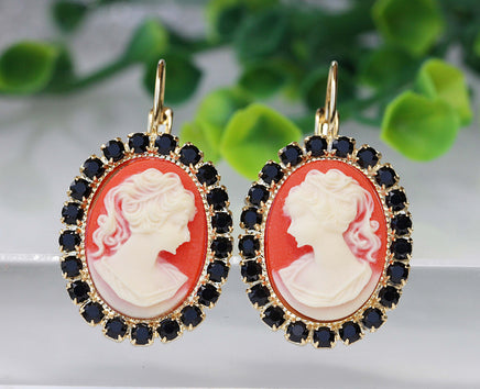 CAMEO EARRINGS, Red And Black Cameo Earrings, Red Ruby Earrings, Romantic Earrings, goth earrings, Retro Jewelry, Jet Rebeka Drop Earring