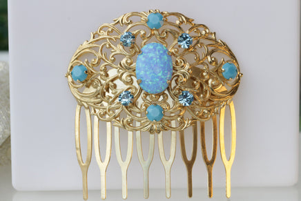 BLUE OPAL HAIR Comb, Bridal Hair Comb, Rhinestone Hair Comb, Lab Opal Accessories ,Turquoise Rebeka ,Wedding Hair Piece,Vintage Hair Comb