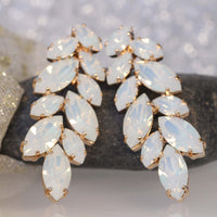 WHITE WEDDING EARRINGS, Big Cluster Earrings, White Opal Earrings, Rebeka Earrings, Bridal White Earrings,Leaf Earrings,Botanical Wedding