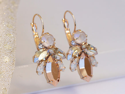 Rose Gold BRIDAL EARRINGS, Art Deco Wedding Earrings, Rebeka Ivory Earrings, Gold Champagne Jewelry, Crystal Cluster Droplet, Bridesmaids