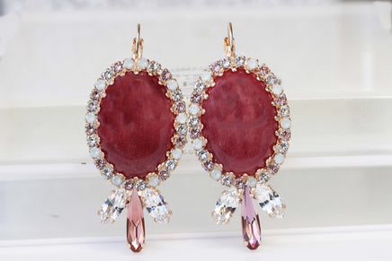 RED AGATE EARRINGS, Gemstone earrings, Rebeka jewelry, Gift For Women,  Art Nouveau Earrings, Blush Pink Wedding, Bridal Maroon Earrings