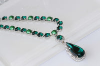 EMERALD Rebeka Necklace, Emerald Drop Pendant Necklace, deep green emerald Statement Necklace, Mother of The Bride Jewelry, Pearl Green