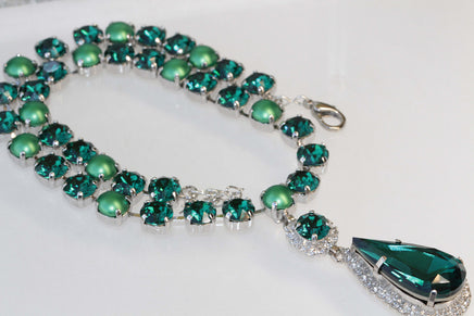 EMERALD Rebeka Necklace, Emerald Drop Pendant Necklace, deep green emerald Statement Necklace, Mother of The Bride Jewelry, Pearl Green