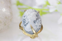 CAMEO RING, Art Deco Boho Ring, Black And White Ring, Gray Cameo Ring, Unique Engagement Ring, Gold Filled Ring, Women's Statement Ring Gift
