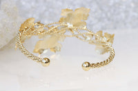 LEAVES BRACELET, Clover Bracelet, Leaf Gold Bracelet, White Opal Rebeka Cuff Bracelet, Bridal Statement Cuff, Braided Boutique Bracelet