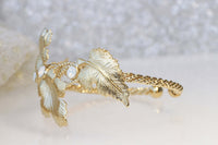 LEAVES BRACELET, Clover Bracelet, Leaf Gold Bracelet, White Opal Rebeka Cuff Bracelet, Bridal Statement Cuff, Braided Boutique Bracelet