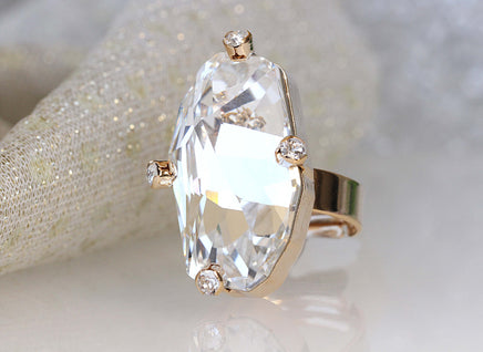 COCKTAIL RING, Art Deco Ring, Rebeka Crystal Ring, Unique Long Stone Ring, Asymmetric Ring, Rhinestone Woman's Ring, large Sparkling Ring