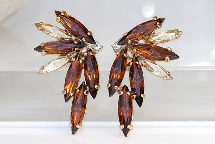 BROWN CHAMPAGNE Climbing Earrings, Large Ear Climber Earrings, gold ear cuff earrings, Woman bronze ear wrap, Rebeka Boho Bridal Earrings