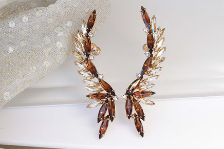 BROWN CHAMPAGNE Climbing Earrings, Large Ear Climber Earrings, gold ear cuff earrings, Woman bronze ear wrap, Rebeka Boho Bridal Earrings
