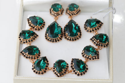 Emerald Jewelry Set, baroque jewelry set, Bridesmaid Gift , Dark Green Rebeka Wedding Set, Earrings Bracelet Set, Black Green Chandeliers
