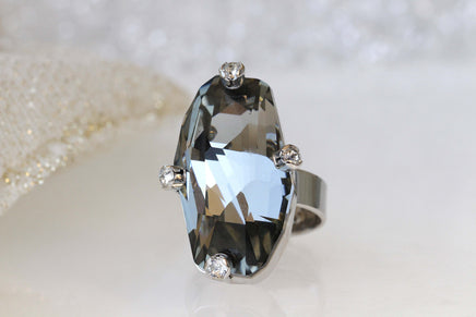GRAY RING, Art Deco Ring, Rebeka Women's Ring, Unique Long Stone Ring, Asymmetric Ring, Black Diamond Ring, Custom Ring, Statement Ring