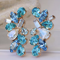 BRIDAL BLUE STUDS,  Vintage Crystal earrings, Summer Wedding jewelry, Cluster Big Studs,Rebeka Unique Earring, Formal Earring, Woman Gift