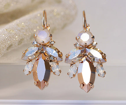 Rose Gold BRIDAL EARRINGS, Art Deco Wedding Earrings, Rebeka Ivory Earrings, Gold Champagne Jewelry, Crystal Cluster Droplet, Bridesmaids