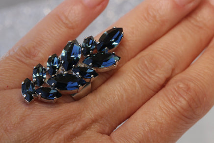NAVY BLUE RING, Rebeka Ring, Leaf Ring, Adjustable Ring, Cocktail Statement, Bridal Long Ring, Crystal Cluster Ring, Dark Blue Stone Ring