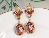 ANTIQUE PINK EARRINGS, Bridal Blush Pink Long Earrings, Bridal Rose Gold Earrings, Rebeka Crystals Champagne Bride Morganite Earring