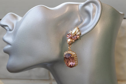 ANTIQUE PINK EARRINGS, Bridal Blush Pink Long Earrings, Bridal Rose Gold Earrings, Rebeka Crystals Champagne Bride Morganite Earring