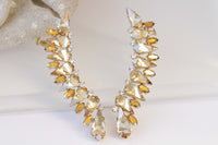 CHAMPAGNE  EAR CLIMBER, Rebeka Crystals Earrings, Ear Crawler, Gold Ear Cuff,  Long Climbing Earrings, Ear Sweep,  Rocker Bride Jewelry