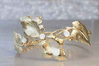 LEAVES BRACELET, Clover Bracelet, Leaf Gold Bracelet, White Opal Rebeka Cuff Bracelet, Bridal Statement Cuff, Braided Boutique Bracelet