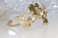 LEAVES BRACELET, Clover Bracelet, Leaf Gold Bracelet, White Opal Rebeka Cuff Bracelet, Bridal Statement Cuff, Braided Boutique Bracelet