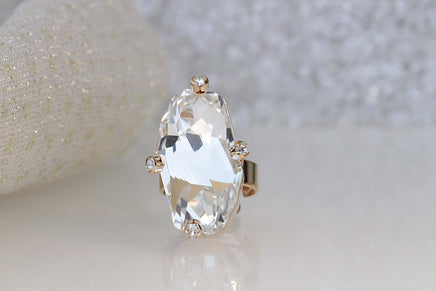 COCKTAIL RING, Art Deco Ring, Rebeka Crystal Ring, Unique Long Stone Ring, Asymmetric Ring, Rhinestone Woman's Ring, large Sparkling Ring