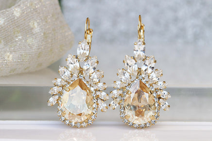 CHAMPAGNE Earrings, Bridal Champagne Statement Earrings,  Crystal Rebeka Jewelry For Bride, Wedding Dangle Earrings, Cluster Drop Earring