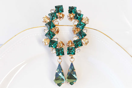 Gold EMERALD STUD EARRING, Emerald Bridal Earrings, Green Emerald Champagne Rebeka Earrings,Woman Dainty Studs,  Estate Climbing Earring,