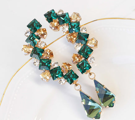 Emerald EAR CLIMBER EARRING, Gold Green Climbing Earrings,Green Statement Ear Crawler,Bridal Long Sweep, Drop Cuff Rebeka Wedding Earring