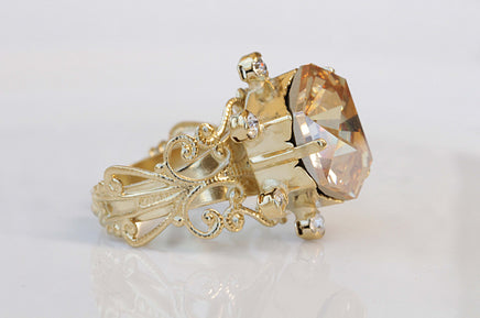 CHAMPAGNE TOPAZ RING, Rebeka Cocktail ring, Gold Silk Ring, Big Stone Ring,Gift For Her,Crystal Cocktail Ring,November Ring, Vintage Ring