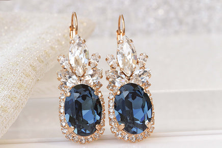 BLUE NAVY EARRINGS And Necklace Set,  Crystal Earrings, Bridal Navy Blue Jewelry Set, Montana Blue Topaz, Cocktail Earrings, Wedding Gift