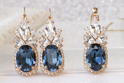BLUE NAVY EARRINGS And Necklace Set,  Crystal Earrings, Bridal Navy Blue Jewelry Set, Montana Blue Topaz, Cocktail Earrings, Wedding Gift
