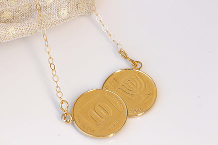 COIN NECKLACE, Old Israeli Coin, Antique Coin pendant Copy, Gold Coin Israel Necklace, Menorah Jewelry, Money Jewelry, Gold Disc Necklace