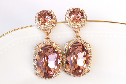 BLUSH PINK EARRINGS, Bridal Blush Drop Earrings, Bridal Rose Gold Earrings, Rebeka Crystal Antique Pink For Bride ,Morganite Earring Gift